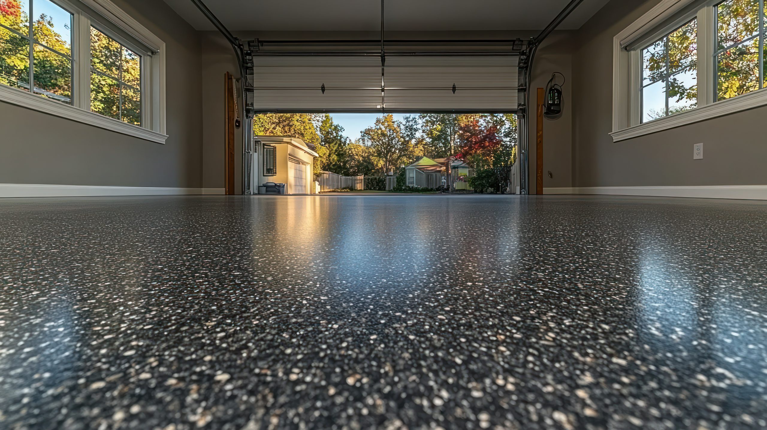A clean, empty garage with a speckled epoxy floor, open door, and sunlight streaming in. Windows on both sides show trees and houses outside.